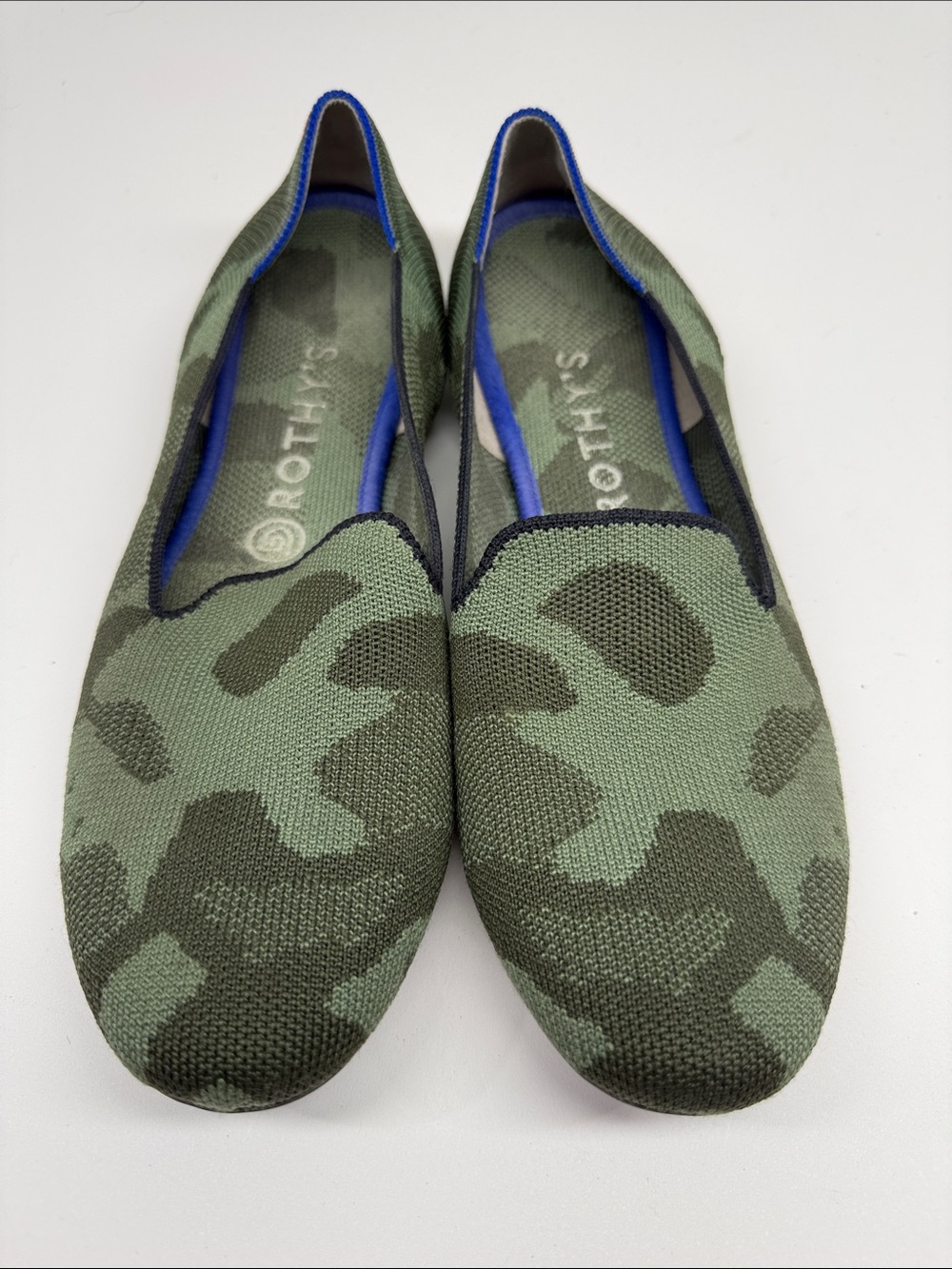 Rothy's Olive Green Camo Knit Slip-Ons with Blue Trim